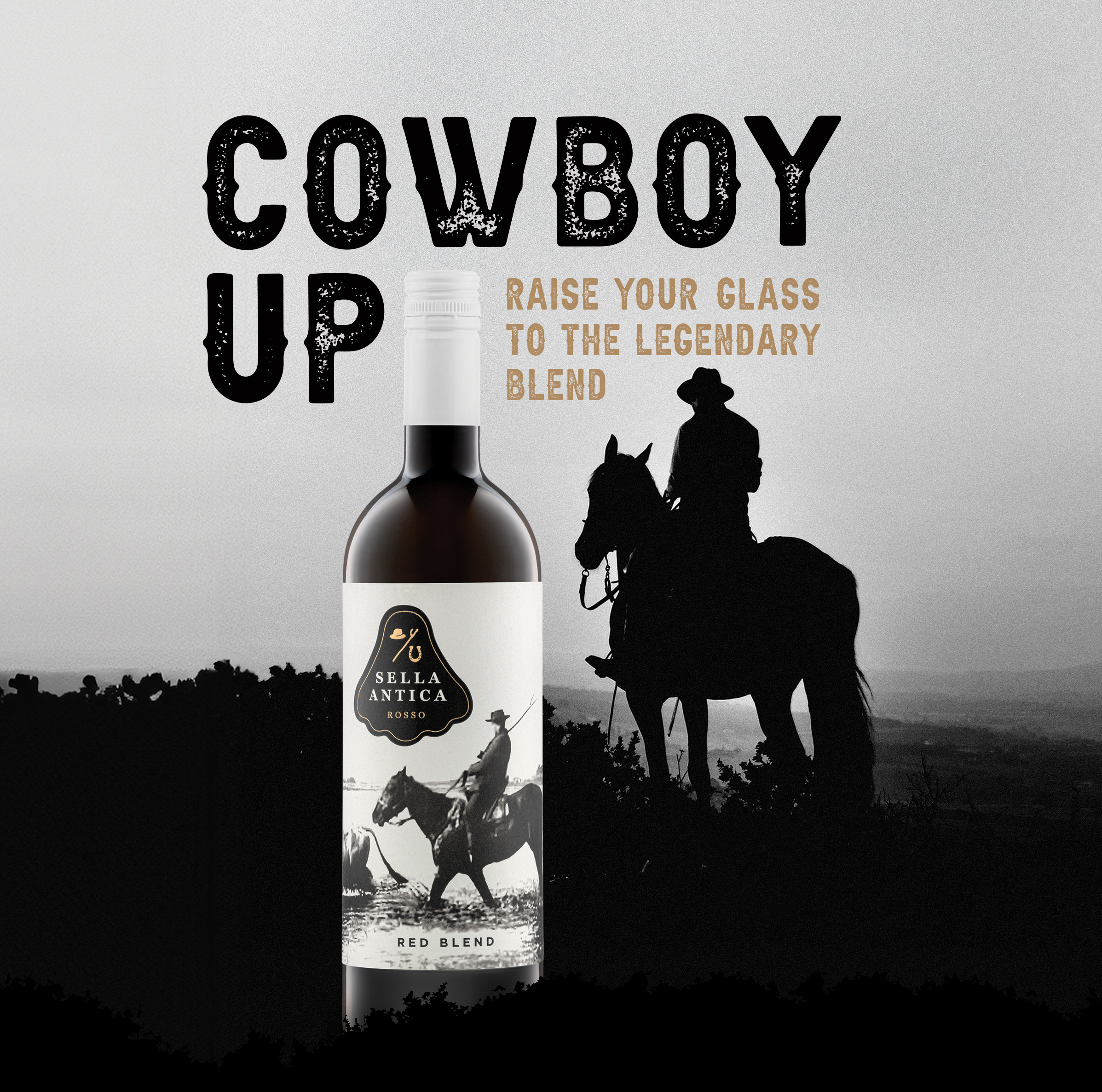 cowboy on a horse background with wine bottle saying cowboy up